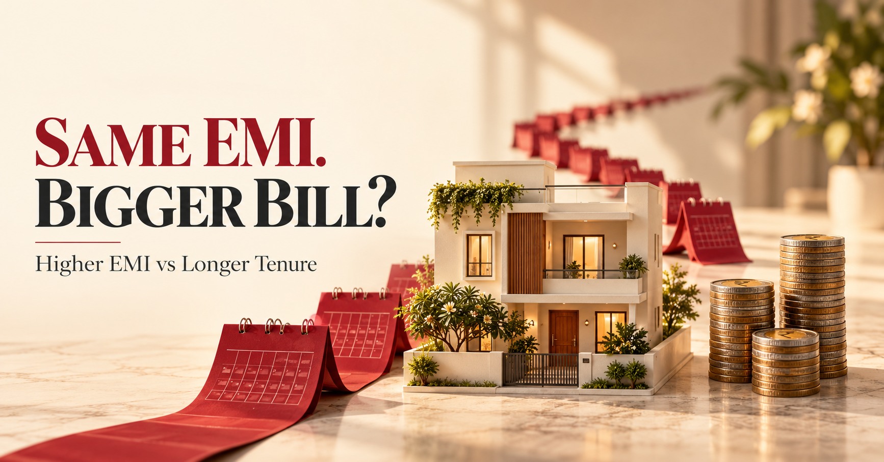 Same EMI, bigger bill? A home, calendar pages and coins illustrate higher EMI versus longer home loan tenure.