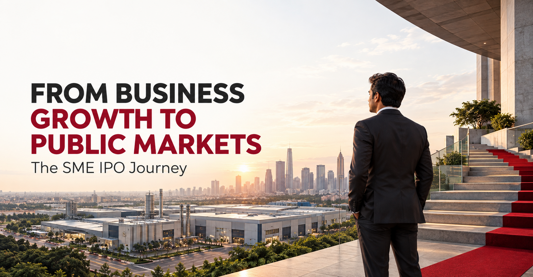 Indian business founder overlooking a manufacturing facility and skyline, illustrating the SME IPO journey.